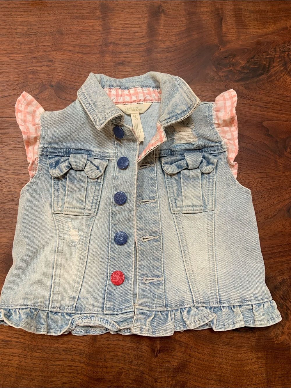 Girls Matilda Jane Light Wash Denim Vest with Pink Gingham Ruffle Sleeves - 4T